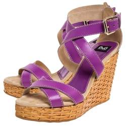 Dolce & Gabbana Purple Leather Ankle Strap Raffia Wedge Sandals Size 37