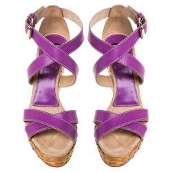 Dolce & Gabbana Purple Leather Ankle Strap Raffia Wedge Sandals Size 37