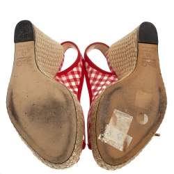 Pre Owned Dolce & Gabbana Red/White Check Fabric Wedge Slingback Sandals Size 40
