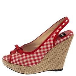 Pre Owned Dolce & Gabbana Red/White Check Fabric Wedge Slingback Sandals Size 40