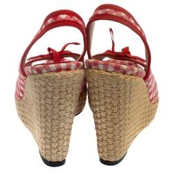 Pre Owned Dolce & Gabbana Red/White Check Fabric Wedge Slingback Sandals Size 40