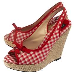 Pre Owned Dolce & Gabbana Red/White Check Fabric Wedge Slingback Sandals Size 40