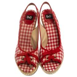 Pre Owned Dolce & Gabbana Red/White Check Fabric Wedge Slingback Sandals Size 40