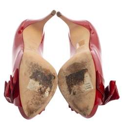 Pre Owned Dolce & Gabbana Red Patent Leather Peep Toe Bow Pumps Size 39.5