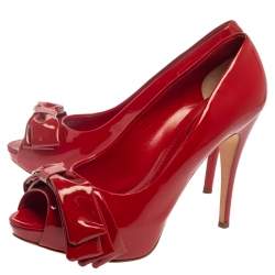 Pre Owned Dolce & Gabbana Red Patent Leather Peep Toe Bow Pumps Size 39.5