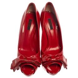 Pre Owned Dolce & Gabbana Red Patent Leather Peep Toe Bow Pumps Size 39.5