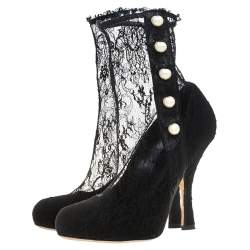 Pre Owned Dolce and Gabbana Black Lace Pearl Embellished Socks Boots Size 38