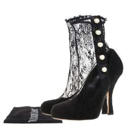 Pre Owned Dolce and Gabbana Black Lace Pearl Embellished Socks Boots Size 38