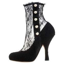 Pre Owned Dolce and Gabbana Black Lace Pearl Embellished Socks Boots Size 38