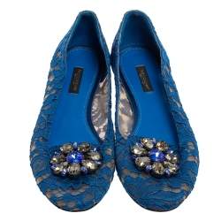 Pre Owned Dolce & Gabbana Blue Lace Crystal Embellished Taormina Ballet Flats Size 38.5