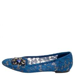 Pre Owned Dolce & Gabbana Blue Lace Crystal Embellished Taormina Ballet Flats Size 38.5