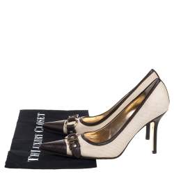 Pre Owned Dolce & Gabbana Vintage Beige/Brown Canvas And Leather Logo Embellished Cap Toe Pumps Size 38