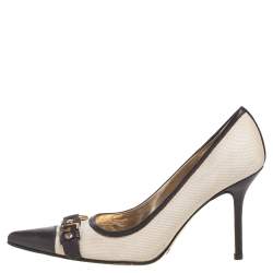 Pre Owned Dolce & Gabbana Vintage Beige/Brown Canvas And Leather Logo Embellished Cap Toe Pumps Size 38
