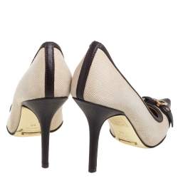Pre Owned Dolce & Gabbana Vintage Beige/Brown Canvas And Leather Logo Embellished Cap Toe Pumps Size 38