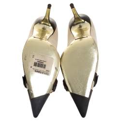 Pre Owned Dolce & Gabbana Vintage Beige/Brown Canvas And Leather Logo Embellished Cap Toe Pumps Size 38
