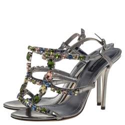 Pre Owned Dolce & Gabbana Grey Metallic Patent Leather Crystal Embellishment T Strap Sandals Size 37