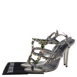 Pre Owned Dolce & Gabbana Grey Metallic Patent Leather Crystal Embellishment T Strap Sandals Size 37