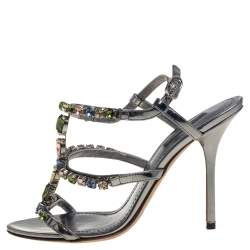 Pre Owned Dolce & Gabbana Grey Metallic Patent Leather Crystal Embellishment T Strap Sandals Size 37