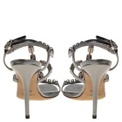 Pre Owned Dolce & Gabbana Grey Metallic Patent Leather Crystal Embellishment T Strap Sandals Size 37