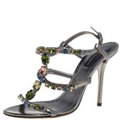 Pre Owned Dolce & Gabbana Grey Metallic Patent Leather Crystal Embellishment T Strap Sandals Size 37