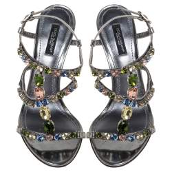Pre Owned Dolce & Gabbana Grey Metallic Patent Leather Crystal Embellishment T Strap Sandals Size 37