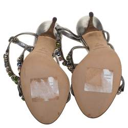 Pre Owned Dolce & Gabbana Grey Metallic Patent Leather Crystal Embellishment T Strap Sandals Size 37
