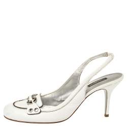 Pre Owned Dolce & Gabbana White Leather Logo Embellished Loafer Slingback Sandals Size 40