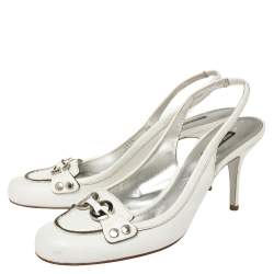Pre Owned Dolce & Gabbana White Leather Logo Embellished Loafer Slingback Sandals Size 40