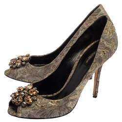 Dolce & Gabbana Grey Floral Print Brocade Fabric Bellucci Crystal Embellished Peep Toe Pumps Size 40