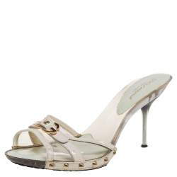 Pre Owned Dolce and Gabbana White Leather Logo Buckle Detail Sandals Size 41