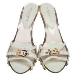Pre Owned Dolce and Gabbana White Leather Logo Buckle Detail Sandals Size 41
