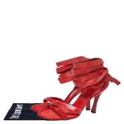 Pre Owned Dolce & Gabbana Red Python Embossed Leather And Suede Ankle Wrap Sandals Size 40