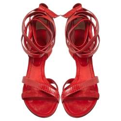 Pre Owned Dolce & Gabbana Red Python Embossed Leather And Suede Ankle Wrap Sandals Size 40