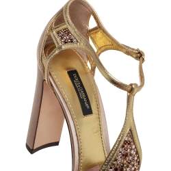 Pre Owned Dolce & Gabbana Metallic Gold Leather and Satin Crystal Embellished Sandals Size 37