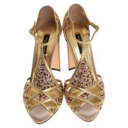 Pre Owned Dolce & Gabbana Metallic Gold Leather and Satin Crystal Embellished Sandals Size 37