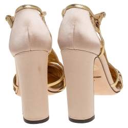 Pre Owned Dolce & Gabbana Metallic Gold Leather and Satin Crystal Embellished Sandals Size 37