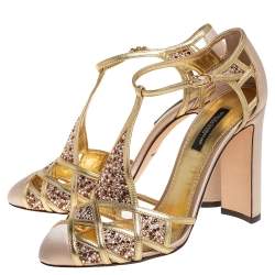 Pre Owned Dolce & Gabbana Metallic Gold Leather and Satin Crystal Embellished Sandals Size 37