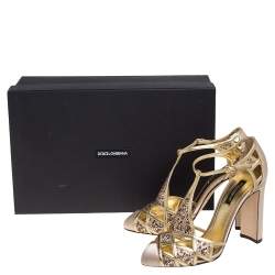 Pre Owned Dolce & Gabbana Metallic Gold Leather and Satin Crystal Embellished Sandals Size 37