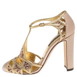 Pre Owned Dolce & Gabbana Metallic Gold Leather and Satin Crystal Embellished Sandals Size 37
