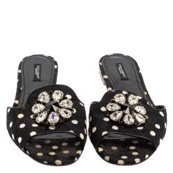 Pre Owned Dolce & Gabbana Black/White Polka Dot Fabric Crystal Embellished Bianca Flat Slides Size 41