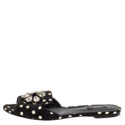 Pre Owned Dolce & Gabbana Black/White Polka Dot Fabric Crystal Embellished Bianca Flat Slides Size 41