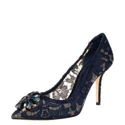 Pre Owned Dolce & Gabbana Navy Blue Lace Crystal Embellished Bellucci Pointed Toe Pumps Size 37.5