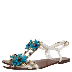 Pre Owned Dolce & Gabbana White Leather Flower Embellished Sandals Size 41