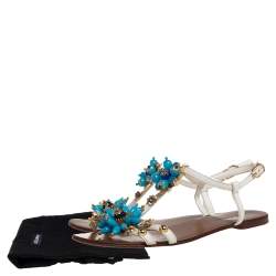 Pre Owned Dolce & Gabbana White Leather Flower Embellished Sandals Size 41