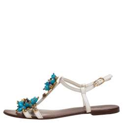Pre Owned Dolce & Gabbana White Leather Flower Embellished Sandals Size 41