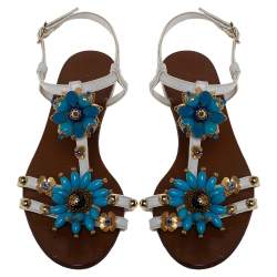 Pre Owned Dolce & Gabbana White Leather Flower Embellished Sandals Size 41