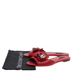 Dolce & Gabbana Red Lizard Embossed Leather Crystal Embellished Flat Slides Size 39.5