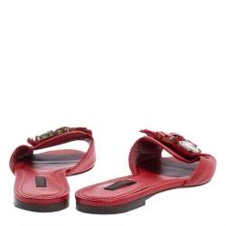 Dolce & Gabbana Red Lizard Embossed Leather Crystal Embellished Flat Slides Size 39.5