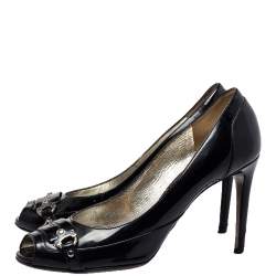 Dolce & Gabbana Black Patent Leather Buckle Peep Toe Pumps Size 40
