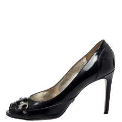 Dolce & Gabbana Black Patent Leather Buckle Peep Toe Pumps Size 40